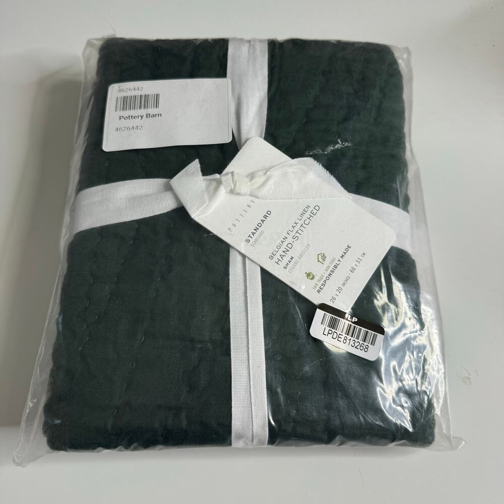 NWT POTTERY BARN Belgian Flax Linen Hand Stitched Standard Pillow Sham Green